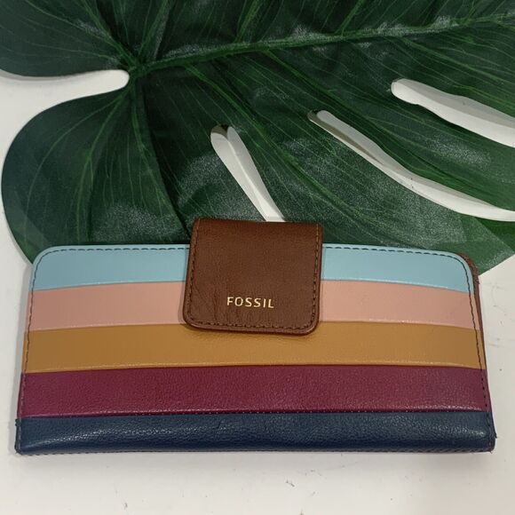 Fossil Leather Stripe Snap Button RFID Wallet Women - Picture 1 of 9